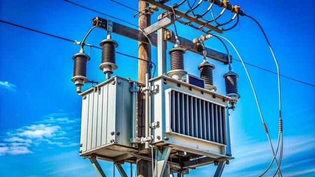 A close-up of an electrical transformer on a power pole with wires and insulators. It symbolizes power, energy, electricity, infrastructure, and technology.