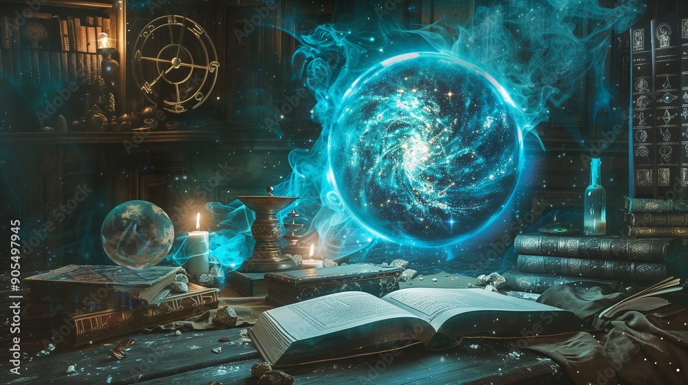 Wall mural magic scene. a floating blue ball in the shape of a planet above an open book of spells. in the back