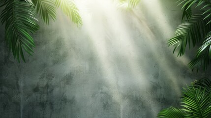 Fototapeta premium Sunbeams breaking through dense jungle foliage, illuminating a misty, gray wall.