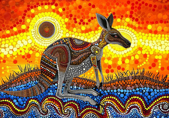 Aboriginal dot art style painting of a kangaroo.