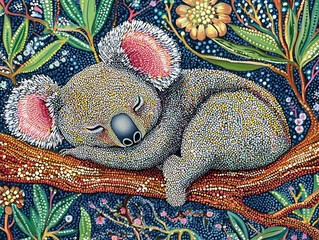 Aboriginal dot art style painting of a koala bear.