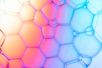 Abstract background bio technology, macro photography foam and water with gradient background. Molecule multicolor backgorund