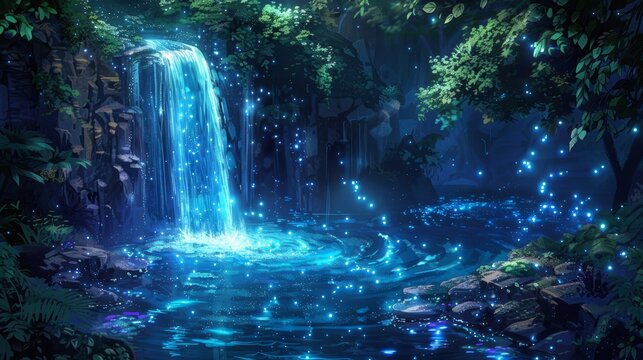 A magical blue waterfall flows through a lush, enchanted forest. Glowing particles dance around the water, creating a dreamy and ethereal atmosphere.