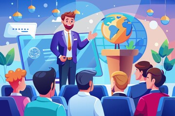 A businessman presents a compelling speech to a diverse audience, with a globe symbolizing global reach, ideas, connection and progress.