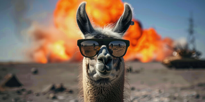 Cool Llama with Sunglasses, a llama wearing sunglasses, with a dramatic nuclear explosion in the background. The llama's calm demeanor combines humor with intensity for an eye-catching visual.