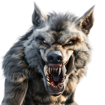 PNG A fierce and intimidating wolf with a powerful stance, showcasing sharp teeth and intense eyes.