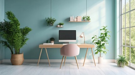 Minimalistic pastel-themed home office