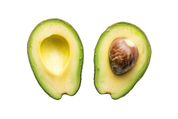 PNG A fresh avocado cut in half, showcasing its creamy flesh and large seed. Perfect for healthy eating and culinary presentations.