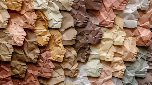 Crumpled paper faces a different skin tone background, concept of  diversity and unity humanity.