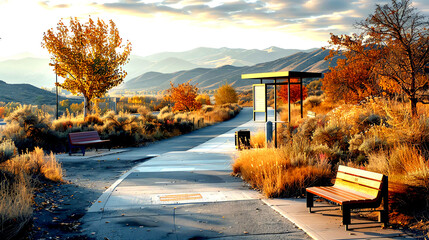 A highway overlook with informational signs and benches, offering a place to rest