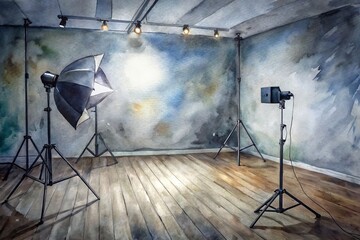 Professional photo studio interior with gray backdrop, wooden floor, and modern lighting equipment, ready for product or still life photography sessions.