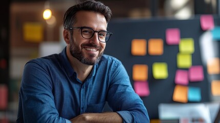 A thoughtful man in glasses smiles while reflecting on ideas in a creative workspace filled with colorful sticky notes.