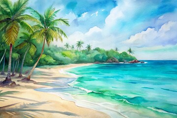 Serene tropical beach landscape on a sunny summer day with turquoise waters, powdery white sand, and lush green palm trees swaying gently in the breeze.