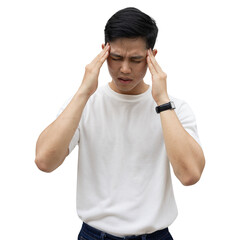 close up young employee asian man hand on head with headache or stress feeling and try to over...