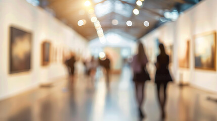 Blurred abstract background of visitors at a busy art gallery 