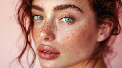 Obraz premium Close-Up Fashion Editorial Photography of a Beautiful 35-Year-Old Woman Against a Minimalistic Pastel Background