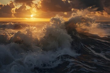 A dramatic sunset over turbulent ocean waves in vibrant hues.