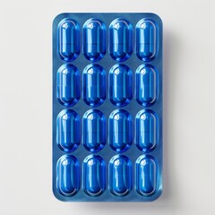 Medium shot of Herbal supplement pills in a blue-transparent plastic container, isolated on a white background, 