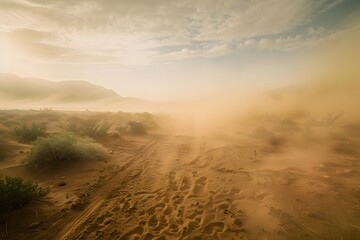 Fototapeta premium Dusty desert landscape with soft sunlight and hazy mountains in the background.