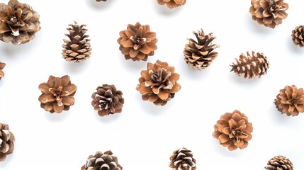 Brown pine cones on a white background for Christmas party decorations