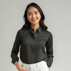 asian young woman, stand and smile, wear shirt and white pants. employee, business woman, white background