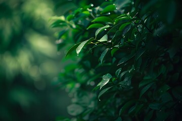 Naklejka premium Lush green leaves glistening after a light rain in a tranquil setting.