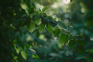Obraz premium Lush green leaves glistening in soft sunlight, creating a serene natural atmosphere.