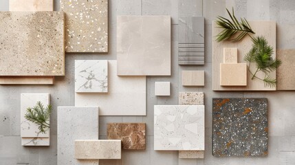 Material Board: Combination of White Marble, Grey Terrazzo, and Beige Artificial Stone for Interior Architecture Design