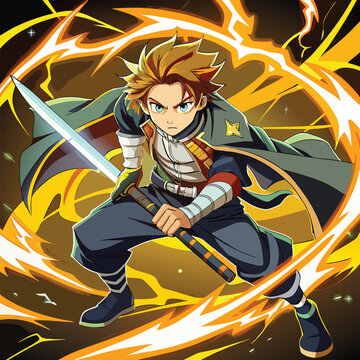 Dynamic Anime Warrior with Flaming Sword in Epic Action Pose