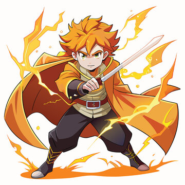 Dynamic Anime Warrior with Flaming Sword in Epic Action Pose