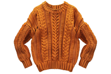 PNG Cozy orange sweater with intricate cable knit design, perfect for autumn fashion and layering in cooler weather.