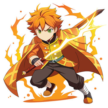 Dynamic Anime Warrior with Flaming Sword in Epic Action Pose