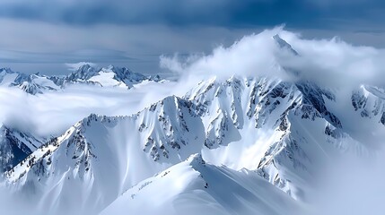 A panoramic view of a mountain range covered in snow, with clouds casting shadows on the peaks and creating a dramatic scene