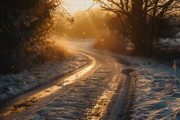 Obraz premium Serene winter path illuminated by golden sunlight in a snowy landscape.