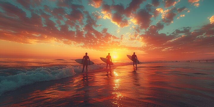 Surfers Silhouette at Sunset on the Beach