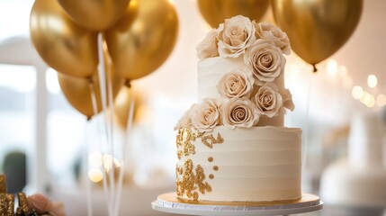 Coming of age party - 18th birthday. Delicious cake with number shaped candles on gold background