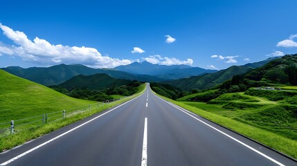 Naklejka premium A wide highway in the mountains with green hills on both sides, a blue sky and white clouds overhead, a panoramic view of the road stretching into the distance, a clear line from left to right, a