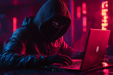 Photograph of a Scammer Hacking a Computer: A hacker typing on a laptop in a dark room