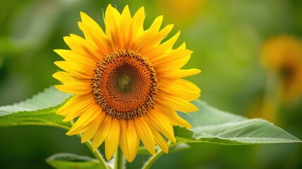 A detailed macro shot of a blooming sunflower with bright yellow petals and a textured center, set against a soft, blurred green background, capturing the intricate details and vibrant colors of the