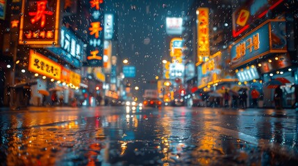 Obraz premium Vibrant City Street Illuminated by Neon Signs During Rainy Night in Downtown
