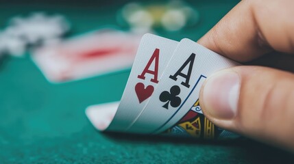 Close-up of a poker player holding playing cards