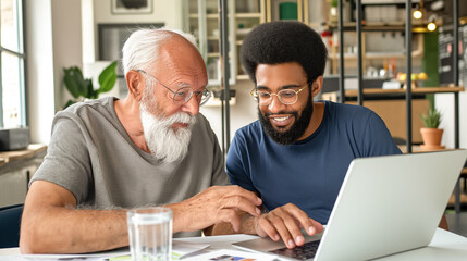 Elderly man using a laptop with help from a young instructor, intergenerational learning, supportive and educational