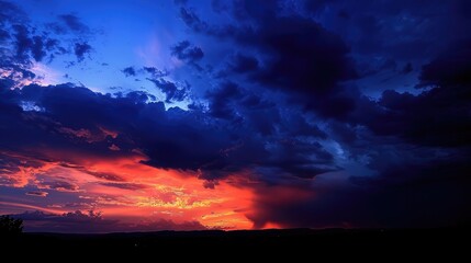 Obraz premium Dusk with dark orange clouds in a deep blue sky