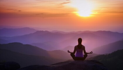 Woman meditating in the mountains at sunset