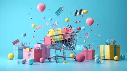 E-commerce growth, digital marketplace expansion, 3D illustration, online retail concept, copy space,