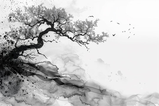 black and white Ink, Chinese lunar year theme background, traditional ink artwork