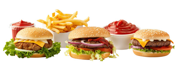 Delicious fast food set with assorted hamburgers, crispy fries, and vibrant dipping sauce. Perfect for advertising or menu design.