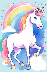 Watercolor unicorns, fabulous horses in pastel colors on a background of splashes. The concept of children's invitations, greeting cards, posters, logo for children's products, stickers