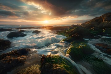 Breathtaking sunset over rocky coastline with lush green seaweed and crashing waves.