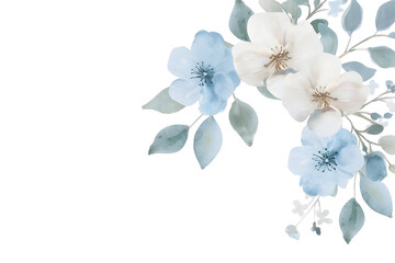 Watercolor blue floral frame on white background, pastel colors, with copy space for text. Elegant blue flowers, invitation wedding card